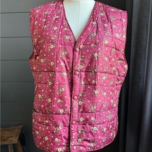 Floral Maroon Quilted V-neck Snap Front Vest Size XL Cabincore Cottagecore